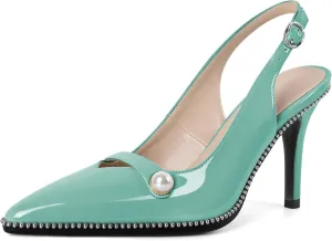 Joseywade Slingback Heels Women's Pointed Toe High Heel Pumps Pearl Beaded Cocktail Night Out Work Dress Shoes 3.5 Inch