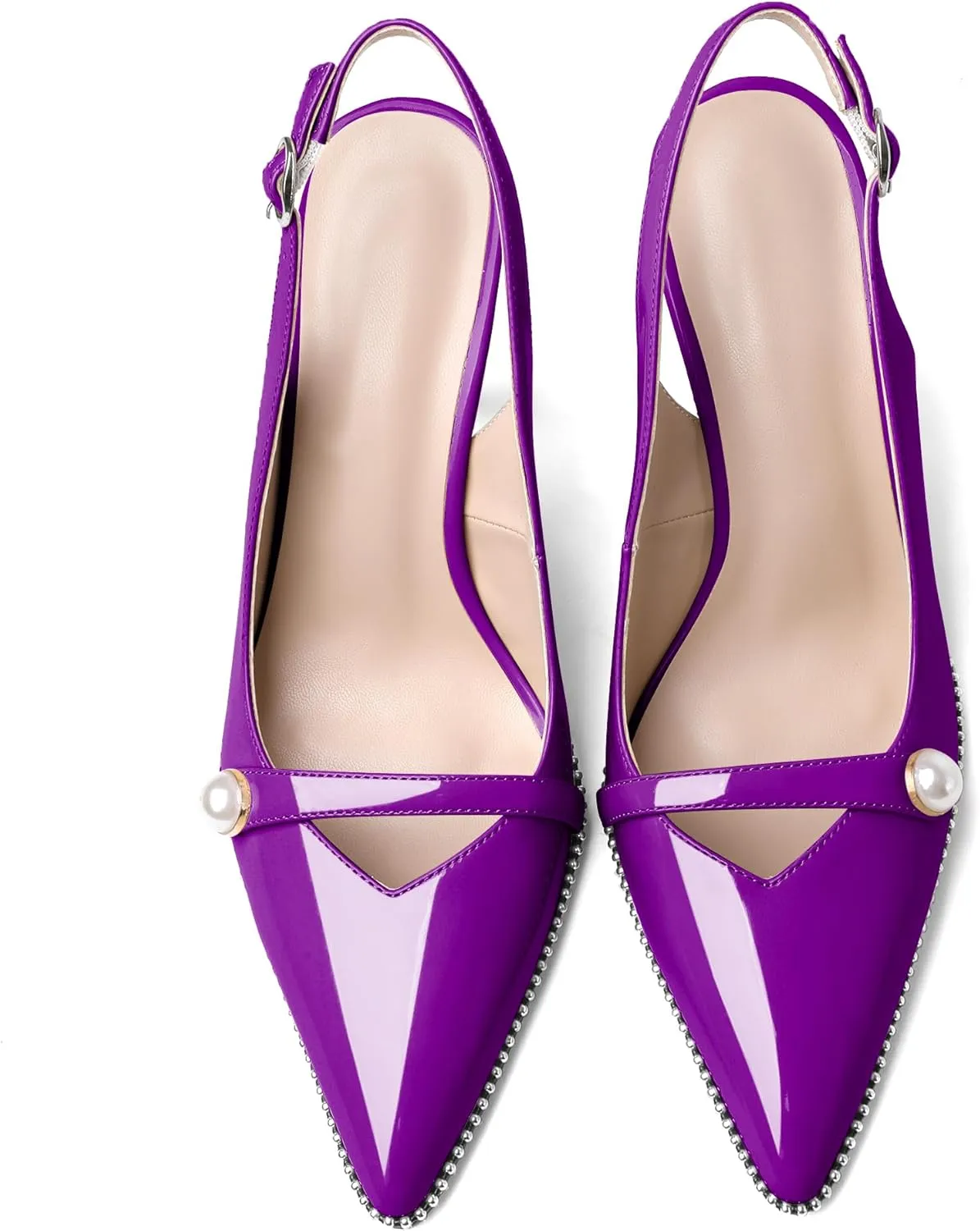 Joseywade Slingback Heels Women's Pointed Toe High Heel Pumps Pearl Beaded Cocktail Night Out Work Dress Shoes 3.5 Inch