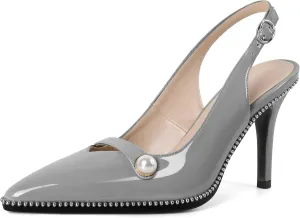 Joseywade Slingback Heels Women's Pointed Toe High Heel Pumps Pearl Beaded Cocktail Night Out Work Dress Shoes 3.5 Inch
