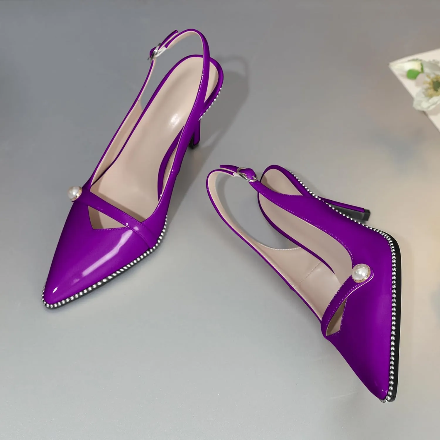 Joseywade Slingback Heels Women's Pointed Toe High Heel Pumps Pearl Beaded Cocktail Night Out Work Dress Shoes 3.5 Inch