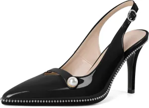 Joseywade Slingback Heels Women's Pointed Toe High Heel Pumps Pearl Beaded Cocktail Night Out Work Dress Shoes 3.5 Inch