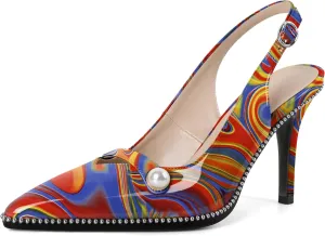 Joseywade Slingback Heels Women's Pointed Toe High Heel Pumps Pearl Beaded Cocktail Night Out Work Dress Shoes 3.5 Inch