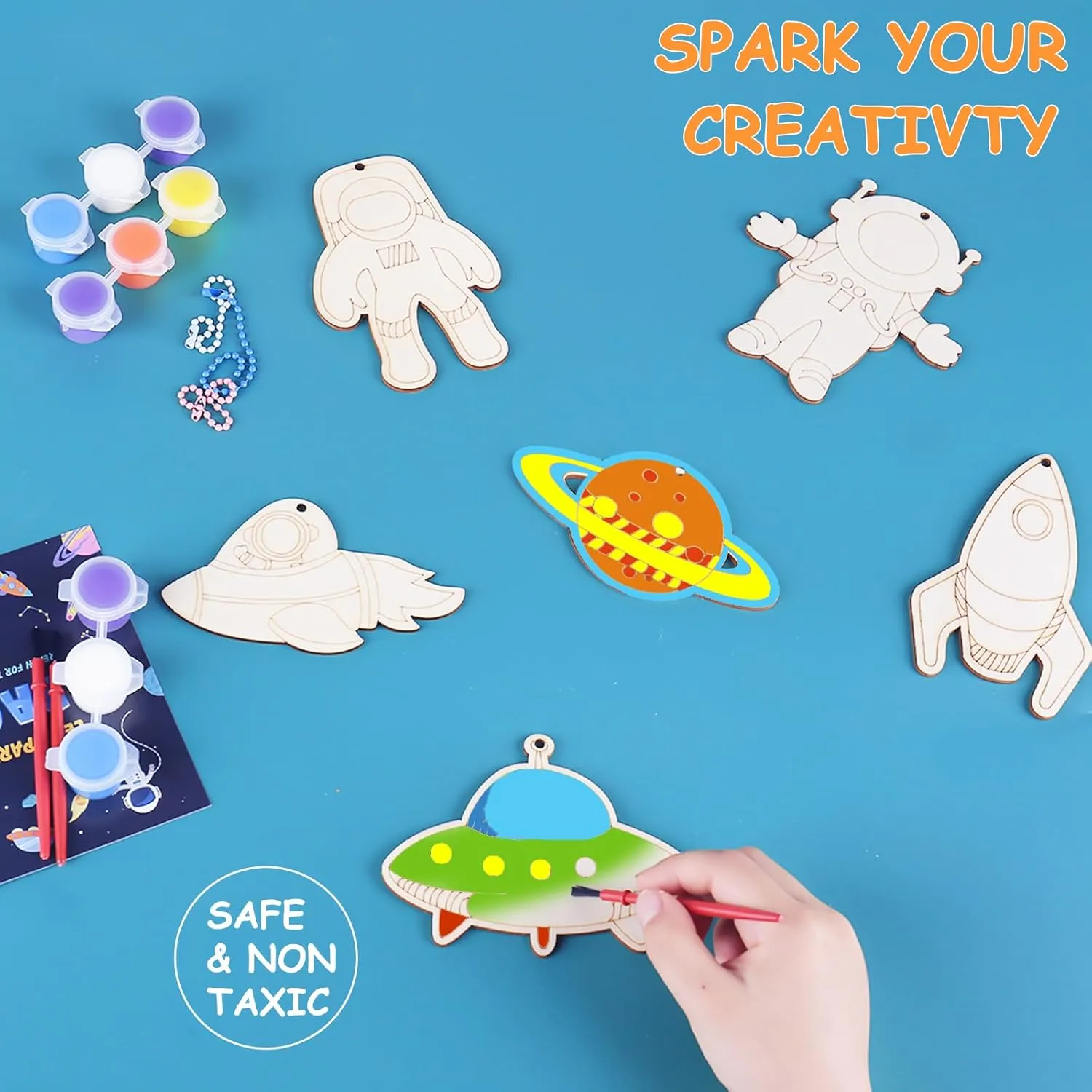 JOTIKO 24 Pack Space Party Favors - DIY Wooden Keychains Arts and Crafts Painting Kits for Kids, Birthday Goodie Bag Filler Pinata Stuffers Easter Basket Stuffers Classroom Prizes Toys for Boys Girls