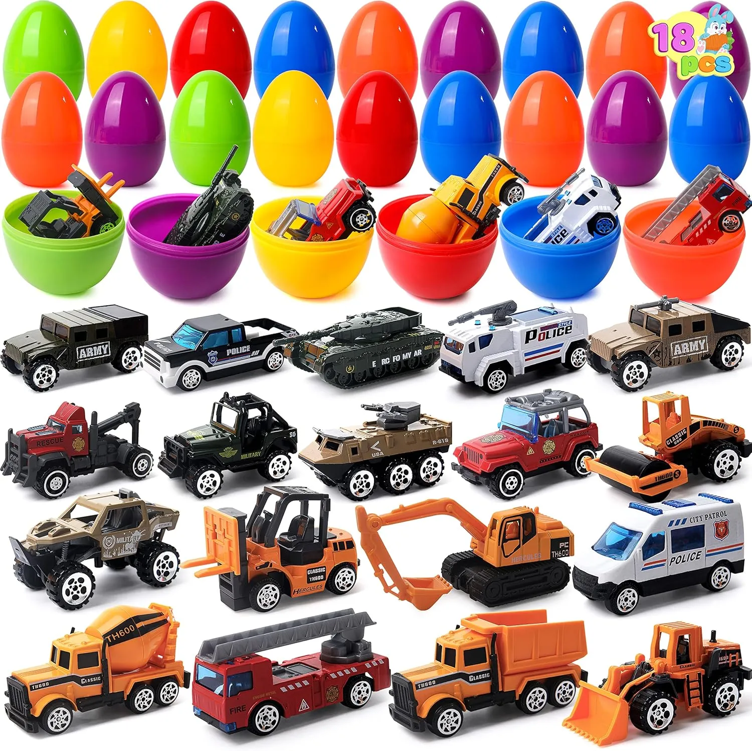 JOYIN 18 Pcs Jumbo Easter Eggs Filled with Die-cast Vehicles, City Cars and Trucks Toy Prefilled Egg for Kids Basket Stuffers, Party Favors and Easter Game