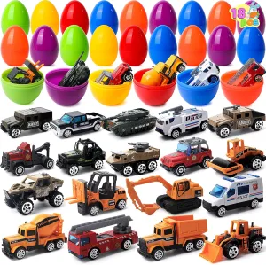 JOYIN 18 Pcs Jumbo Easter Eggs Filled with Die-cast Vehicles, City Cars and Trucks Toy Prefilled Egg for Kids Basket Stuffers, Party Favors and Easter Game