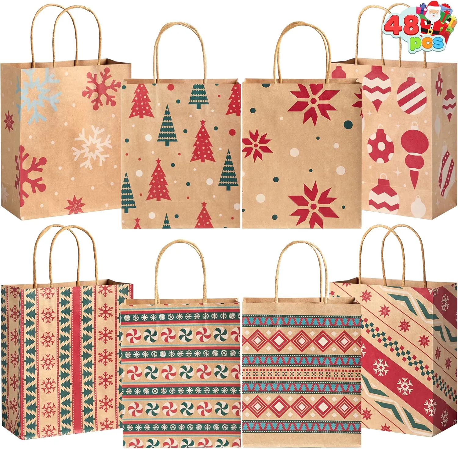 JOYIN 48 PCS Present Bags with Handle - Kraft Christmas Characters for Party Favors, Gift Giving & Holidays Decorations