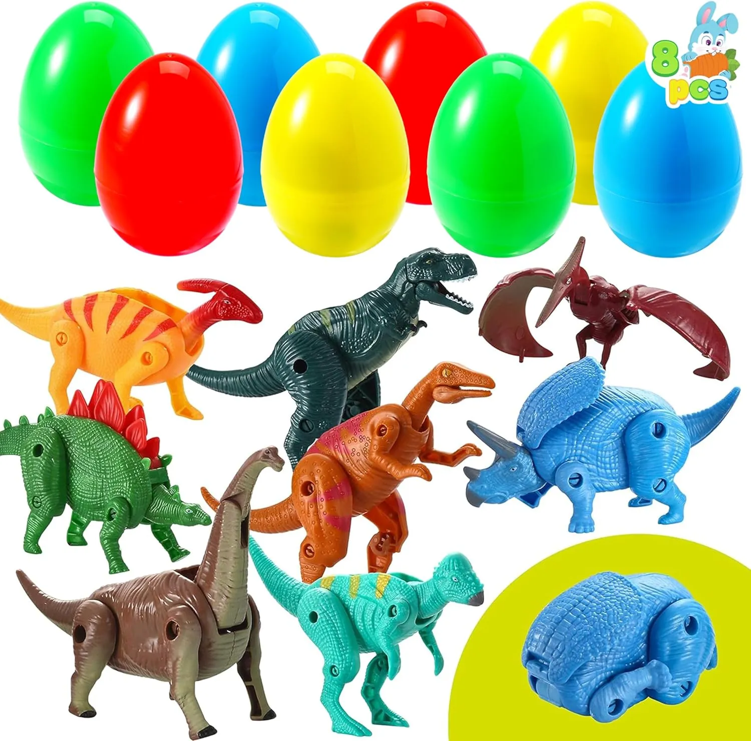 JOYIN 8 Pcs Easter Prefilled Hatching Eggs Filled with Deformable Transforming Dinosaur with Movable Joints for Easter Basket Stuffers, Kids Party Favors, Classroom Prize Supplies