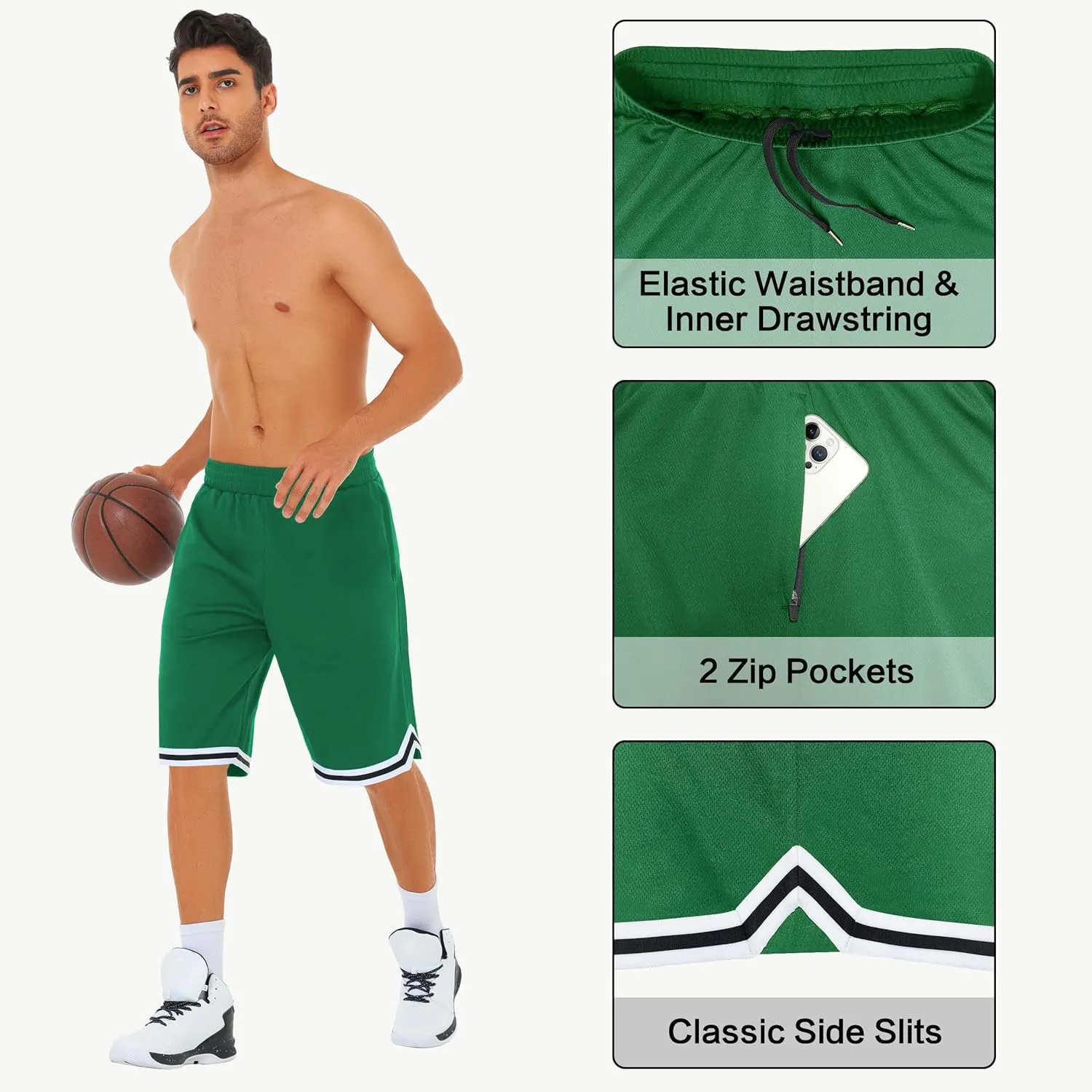 JWM Mens Long Basketball Shorts with Zip Pockets - 11" Mesh Athletic Gym Workout Sport Shorts Quick Dry Lightweight