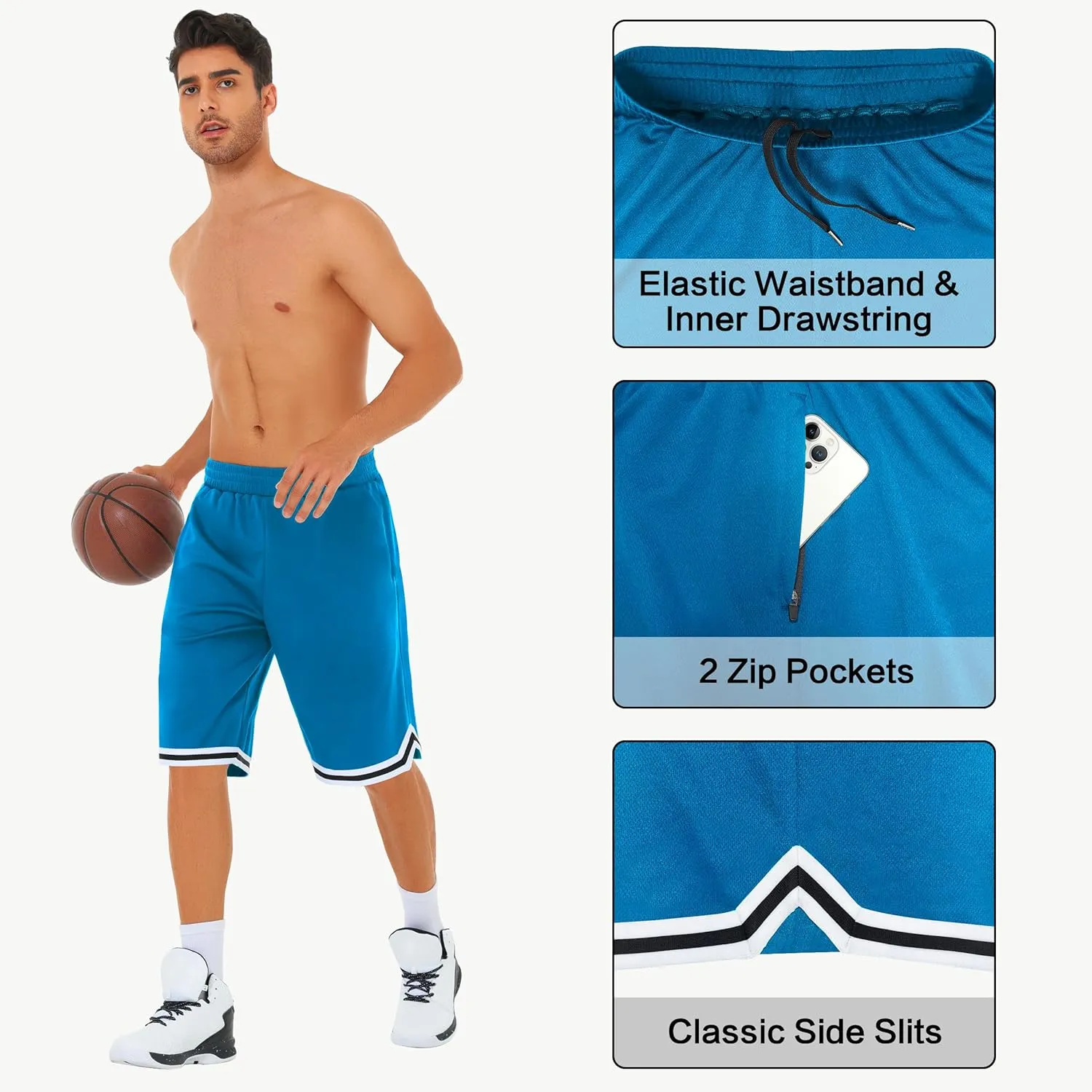 JWM Mens Long Basketball Shorts with Zip Pockets - 11" Mesh Athletic Gym Workout Sport Shorts Quick Dry Lightweight