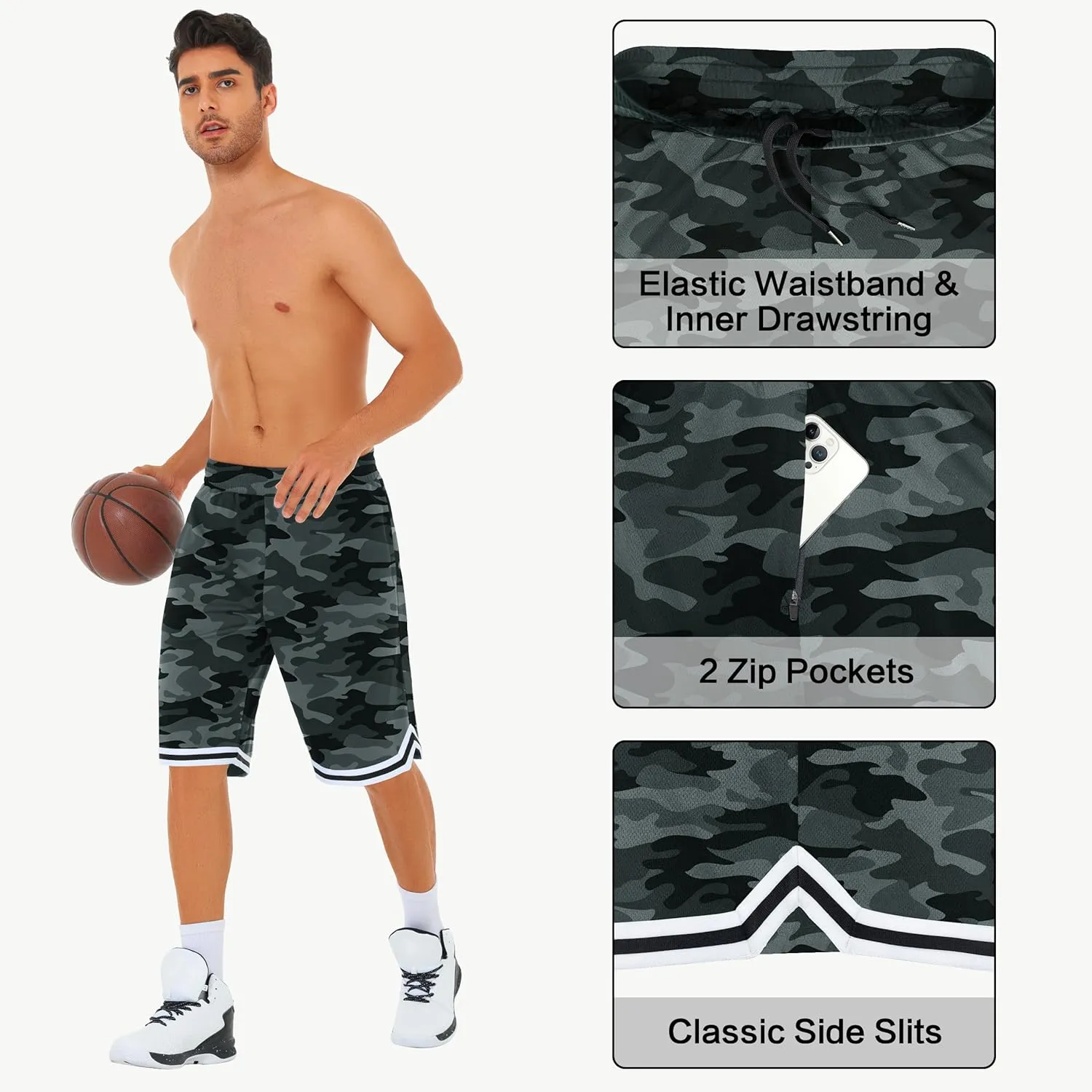 JWM Mens Long Basketball Shorts with Zip Pockets - 11" Mesh Athletic Gym Workout Sport Shorts Quick Dry Lightweight