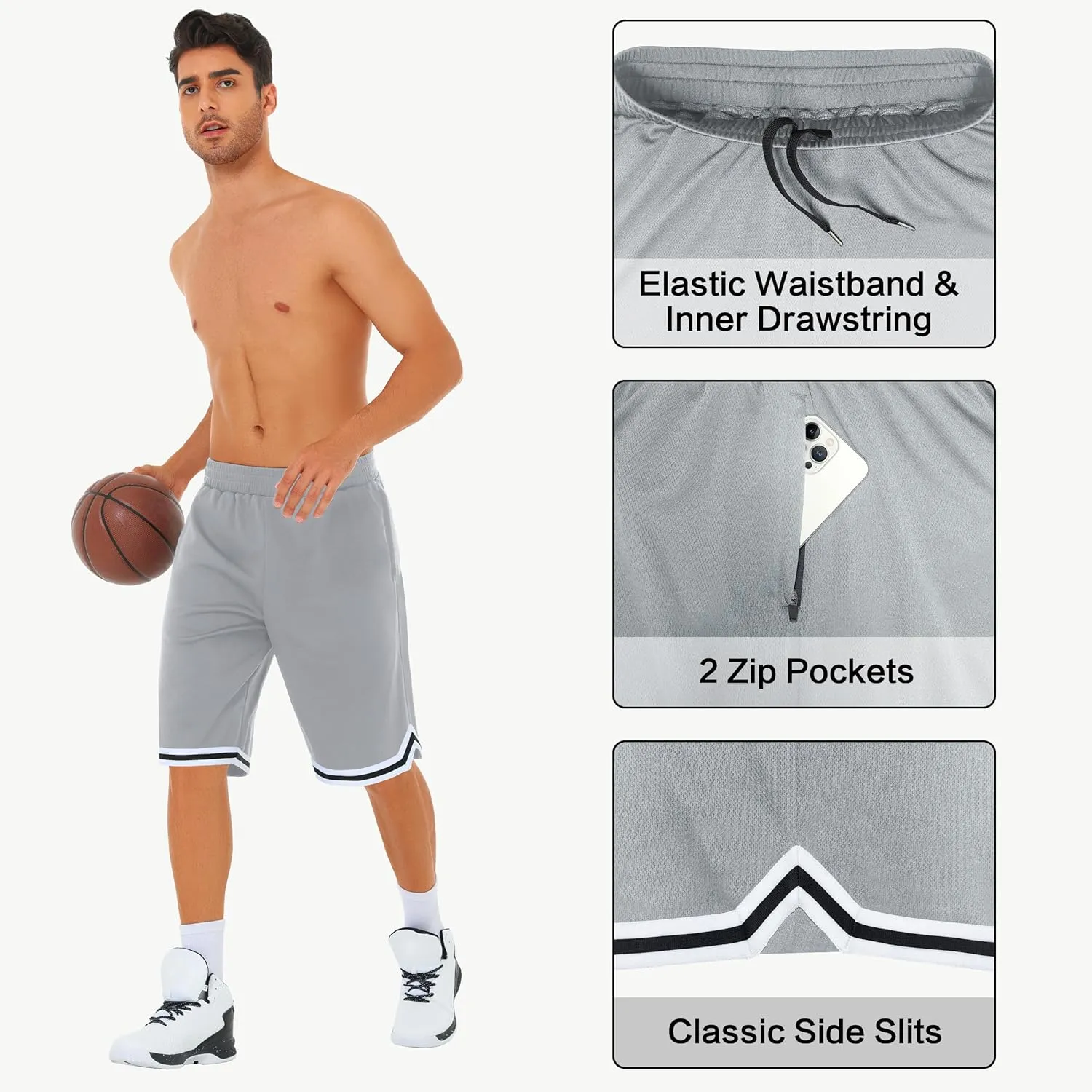 JWM Mens Long Basketball Shorts with Zip Pockets - 11" Mesh Athletic Gym Workout Sport Shorts Quick Dry Lightweight