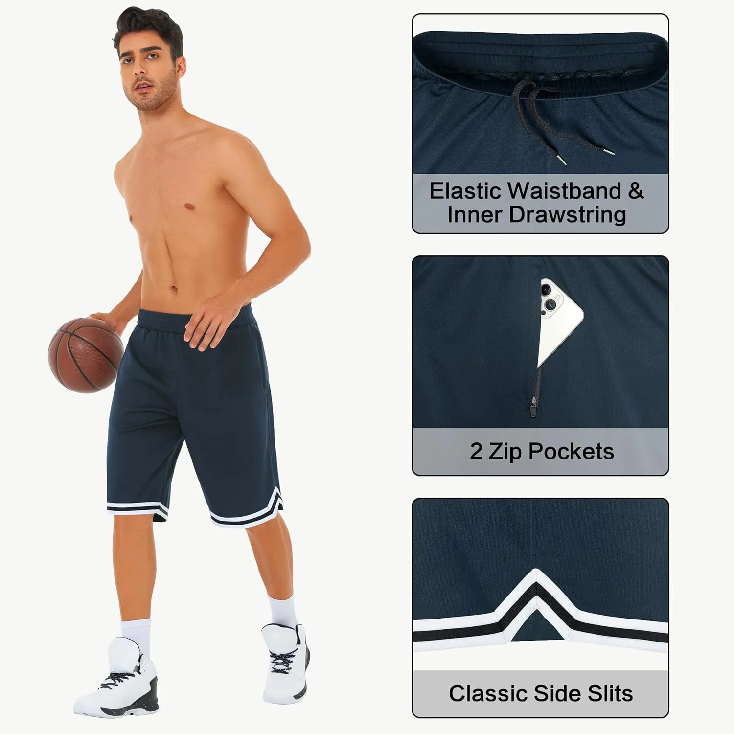 JWM Mens Long Basketball Shorts with Zip Pockets - 11" Mesh Athletic Gym Workout Sport Shorts Quick Dry Lightweight