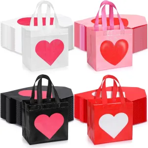 Kacctyen 60 Pcs Heart Gift Bags Bulk Valentines Day Non-Woven Reusable Tote with Handles Valentines Goody Treat Shopping Bags for Birthday Wedding Party Favor(Pink and White)