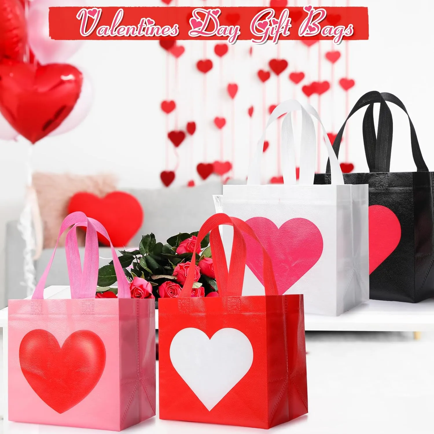 Kacctyen 60 Pcs Heart Gift Bags Bulk Valentines Day Non-Woven Reusable Tote with Handles Valentines Goody Treat Shopping Bags for Birthday Wedding Party Favor(Pink and White)