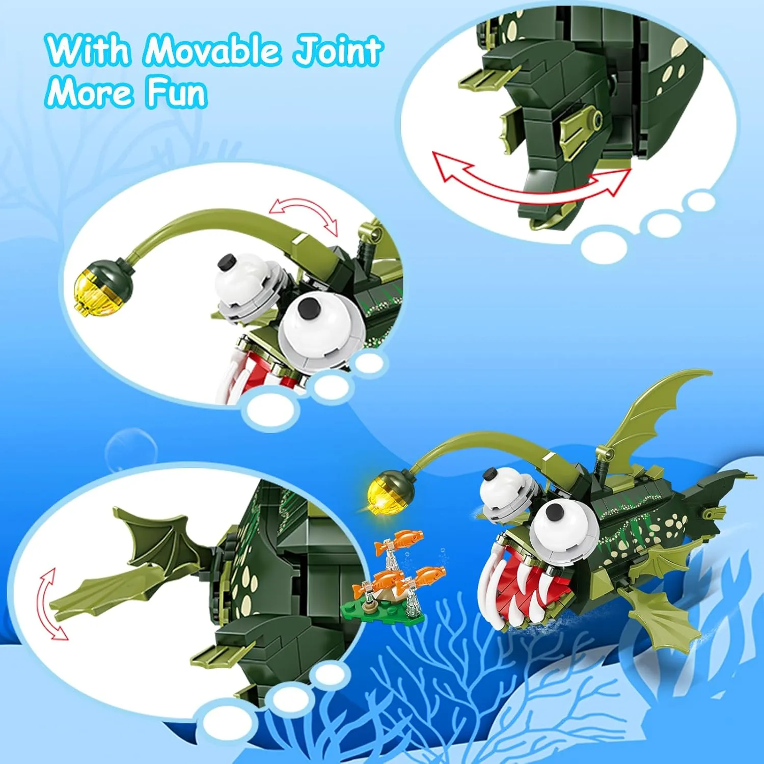 KAZI Angler Fish Toy Building Set,Deep Sea Creatures Building Blocks,Ocean Animal Toys for Kids Ages 6 7 8 9 10 Plus Boys Girls,Halloween Party Favors,Christmas Birthday Gift,Easter Stuffers
