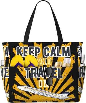 Keep Calm and Travel On Large Beach Tote Bag for Women Extra Large Capacity Waterproof Sandproof Pool Bag Suitable for Swimming Pool Gym Travel