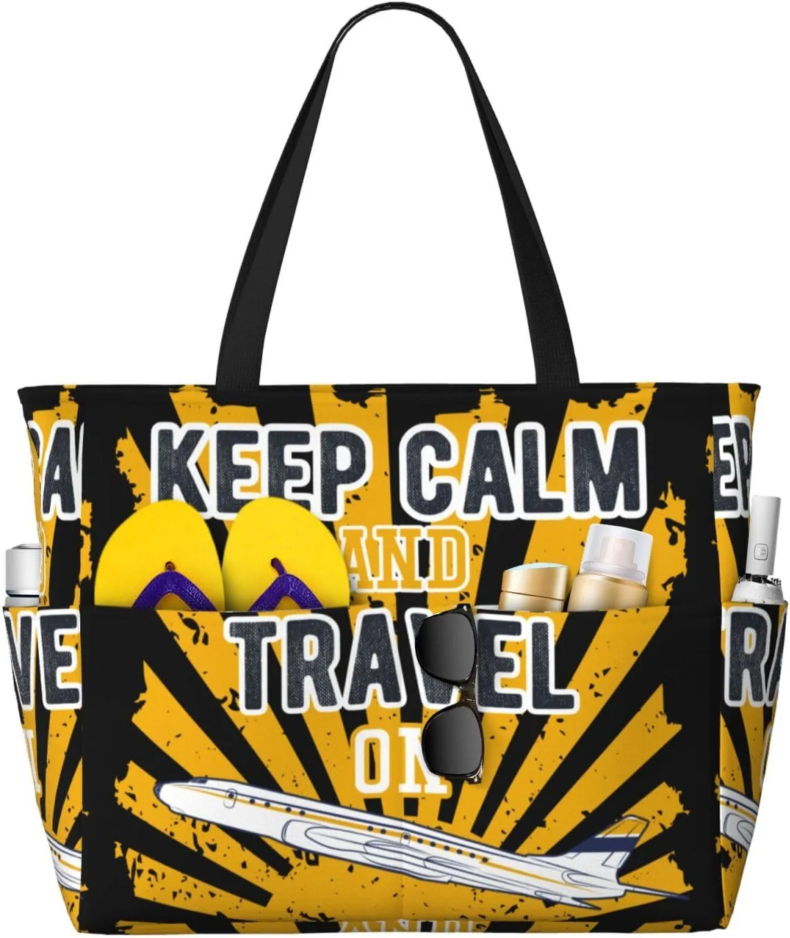 Keep Calm and Travel On Large Beach Tote Bag for Women Extra Large Capacity Waterproof Sandproof Pool Bag Suitable for Swimming Pool Gym Travel