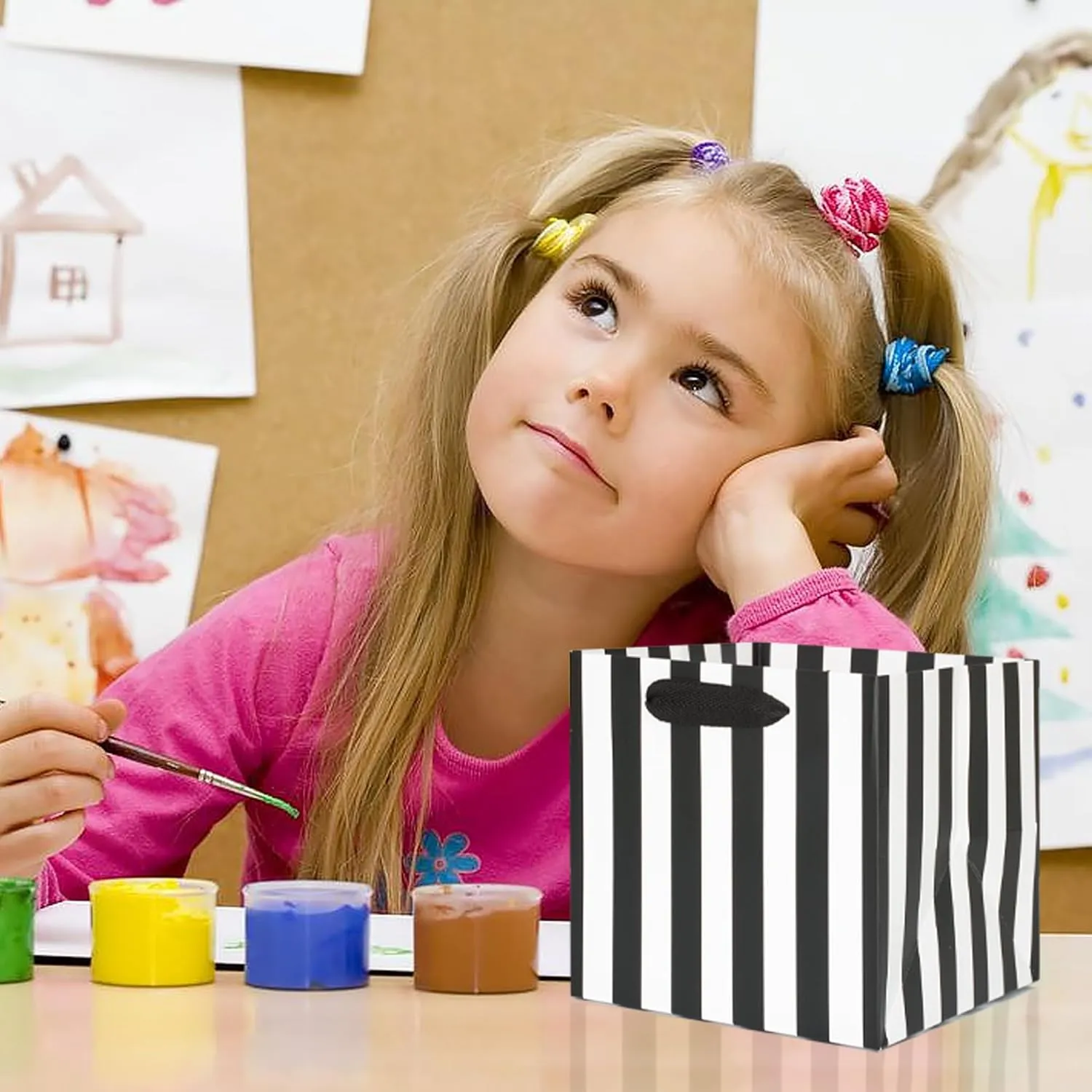 KEYYOOMY Black and White Gift Bags with Handles Black and White Striped Gift Bags Square Bottom Gift Bag Party Favor Bag for Birthday Halloween Shopping Business (10CT, 6x6x6 in, Black)