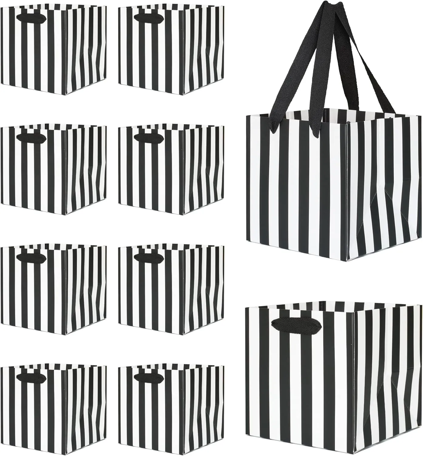 KEYYOOMY Black and White Gift Bags with Handles Black and White Striped Gift Bags Square Bottom Gift Bag Party Favor Bag for Birthday Halloween Shopping Business (10CT, 6x6x6 in, Black)