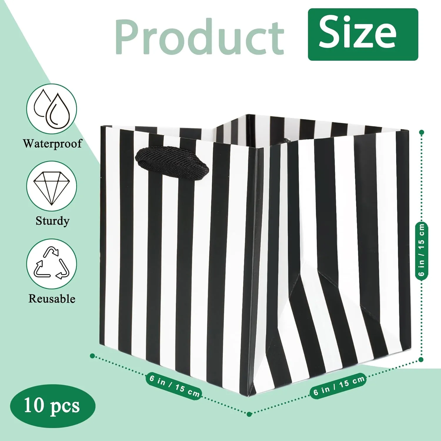 KEYYOOMY Black and White Gift Bags with Handles Black and White Striped Gift Bags Square Bottom Gift Bag Party Favor Bag for Birthday Halloween Shopping Business (10CT, 6x6x6 in, Black)