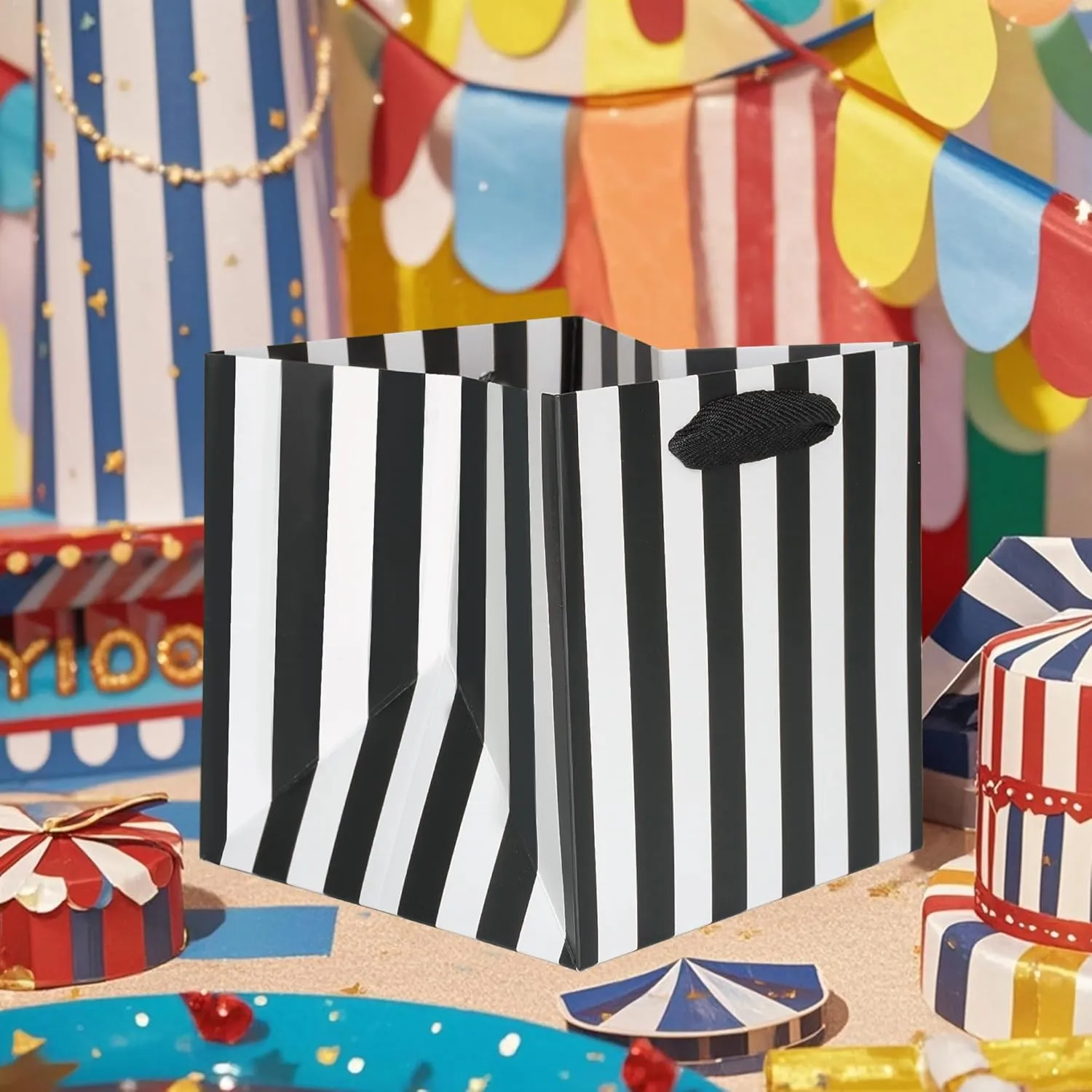 KEYYOOMY Black and White Gift Bags with Handles Black and White Striped Gift Bags Square Bottom Gift Bag Party Favor Bag for Birthday Halloween Shopping Business (10CT, 6x6x6 in, Black)