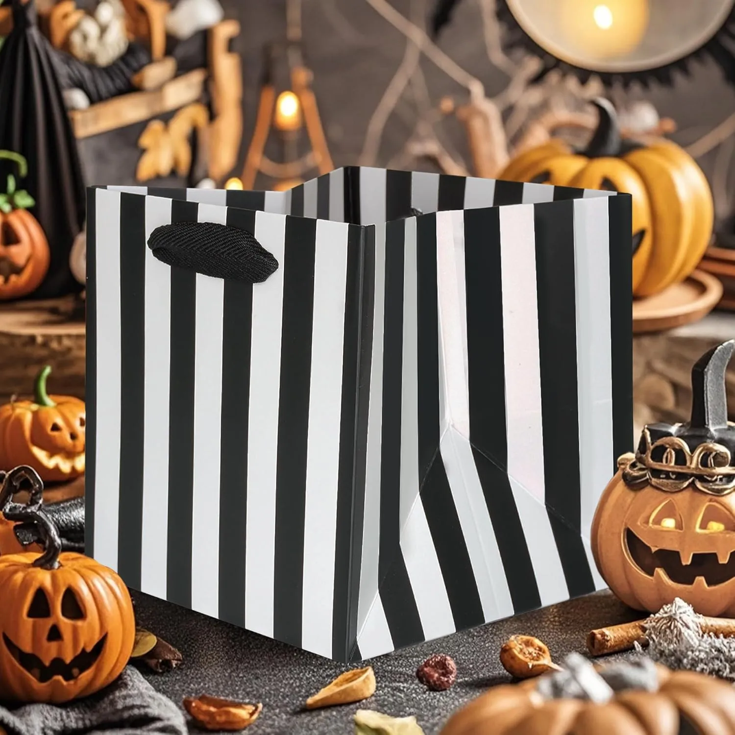 KEYYOOMY Black and White Gift Bags with Handles Black and White Striped Gift Bags Square Bottom Gift Bag Party Favor Bag for Birthday Halloween Shopping Business (10CT, 6x6x6 in, Black)