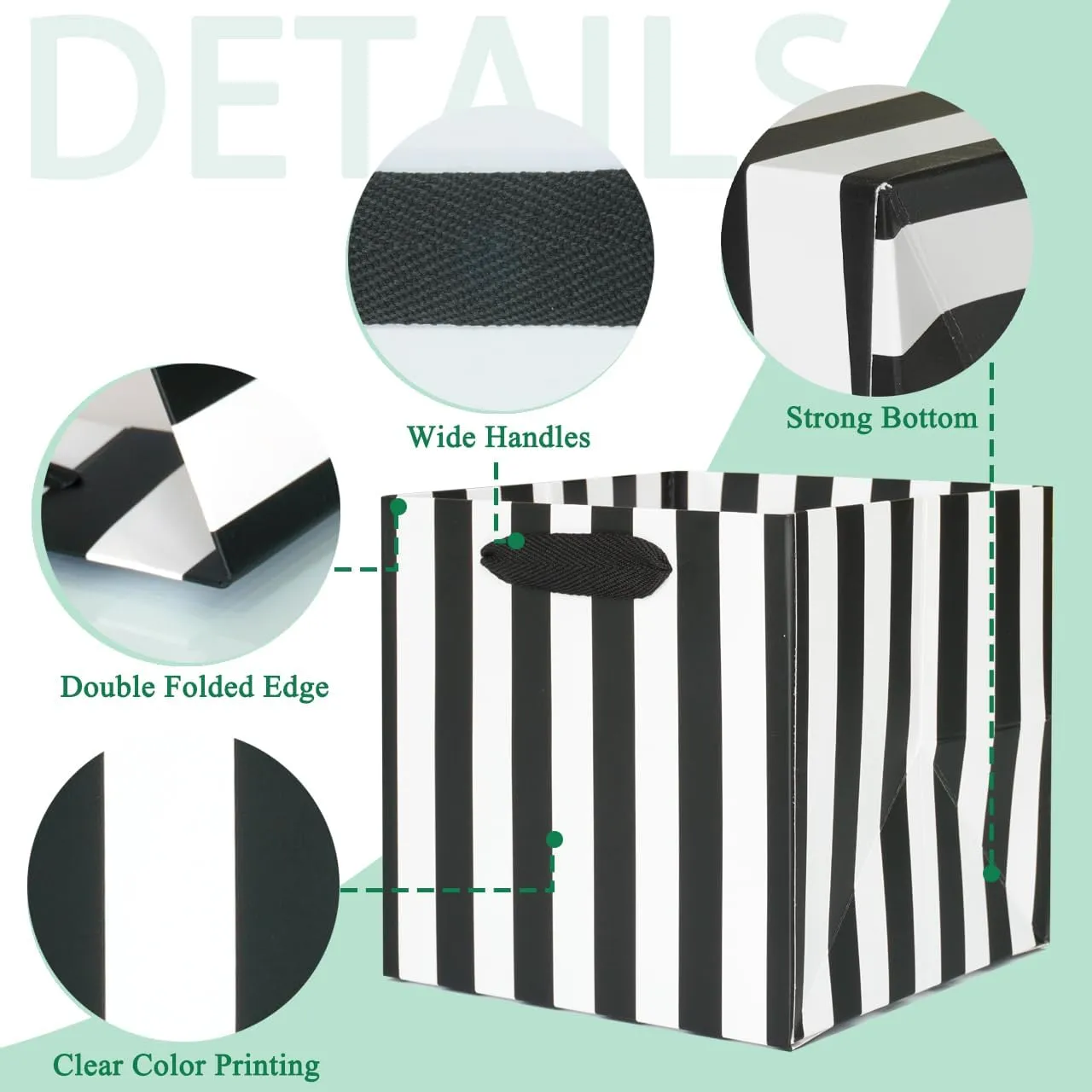 KEYYOOMY Black and White Gift Bags with Handles Black and White Striped Gift Bags Square Bottom Gift Bag Party Favor Bag for Birthday Halloween Shopping Business (10CT, 6x6x6 in, Black)