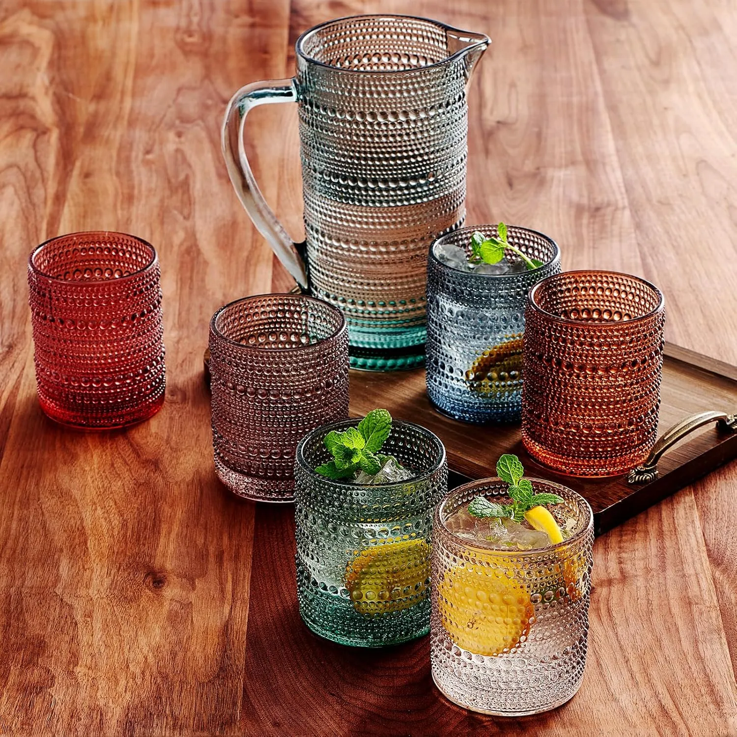 Khen Hobnail Beaded Pitcher & Tumbler Glasses Set | Set of 6 Glasses & Carafe| Vintage 11 OZ Lowball & 2.4 Litter Glass Muted Bubble Design, Old-Fashioned, Embossed Design - Water, Wine, Cocktail
