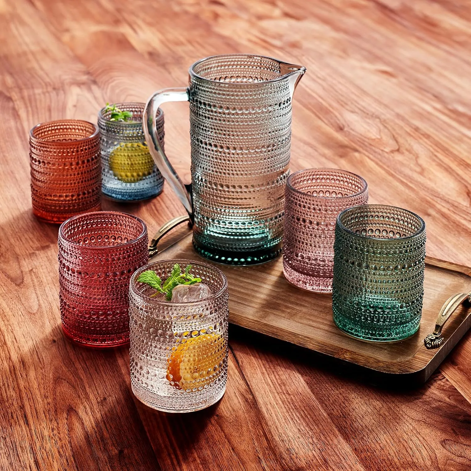 Khen Hobnail Beaded Pitcher & Tumbler Glasses Set | Set of 6 Glasses & Carafe| Vintage 11 OZ Lowball & 2.4 Litter Glass Muted Bubble Design, Old-Fashioned, Embossed Design - Water, Wine, Cocktail