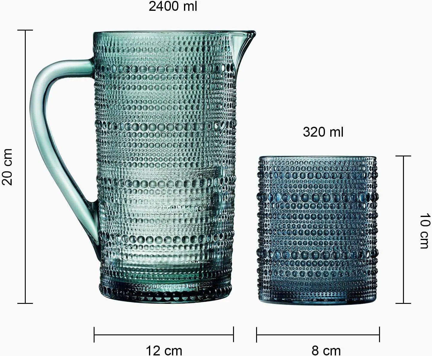 Khen Hobnail Beaded Pitcher & Tumbler Glasses Set | Set of 6 Glasses & Carafe| Vintage 11 OZ Lowball & 2.4 Litter Glass Muted Bubble Design, Old-Fashioned, Embossed Design - Water, Wine, Cocktail