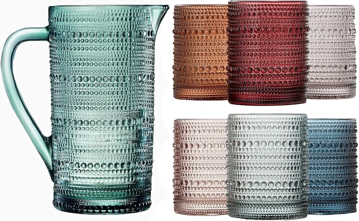 Khen Hobnail Beaded Pitcher & Tumbler Glasses Set | Set of 6 Glasses & Carafe| Vintage 11 OZ Lowball & 2.4 Litter Glass Muted Bubble Design, Old-Fashioned, Embossed Design - Water, Wine, Cocktail