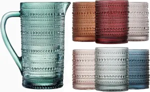 Khen Hobnail Beaded Pitcher & Tumbler Glasses Set | Set of 6 Glasses & Carafe| Vintage 11 OZ Lowball & 2.4 Litter Glass Muted Bubble Design, Old-Fashioned, Embossed Design - Water, Wine, Cocktail