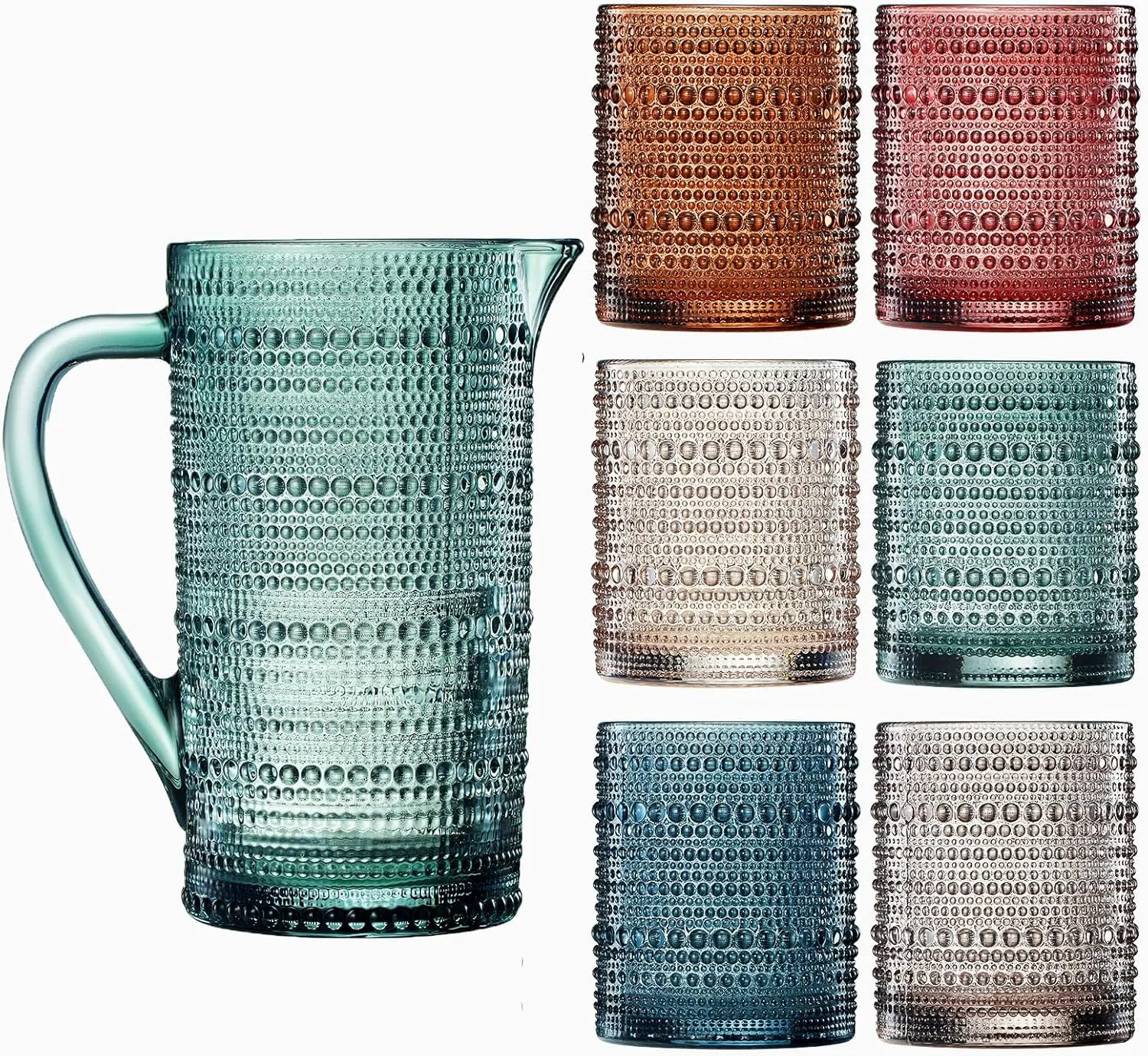 Khen Hobnail Beaded Pitcher & Tumbler Glasses Set | Set of 6 Glasses & Carafe| Vintage 11 OZ Lowball & 2.4 Litter Glass Muted Bubble Design, Old-Fashioned, Embossed Design - Water, Wine, Cocktail