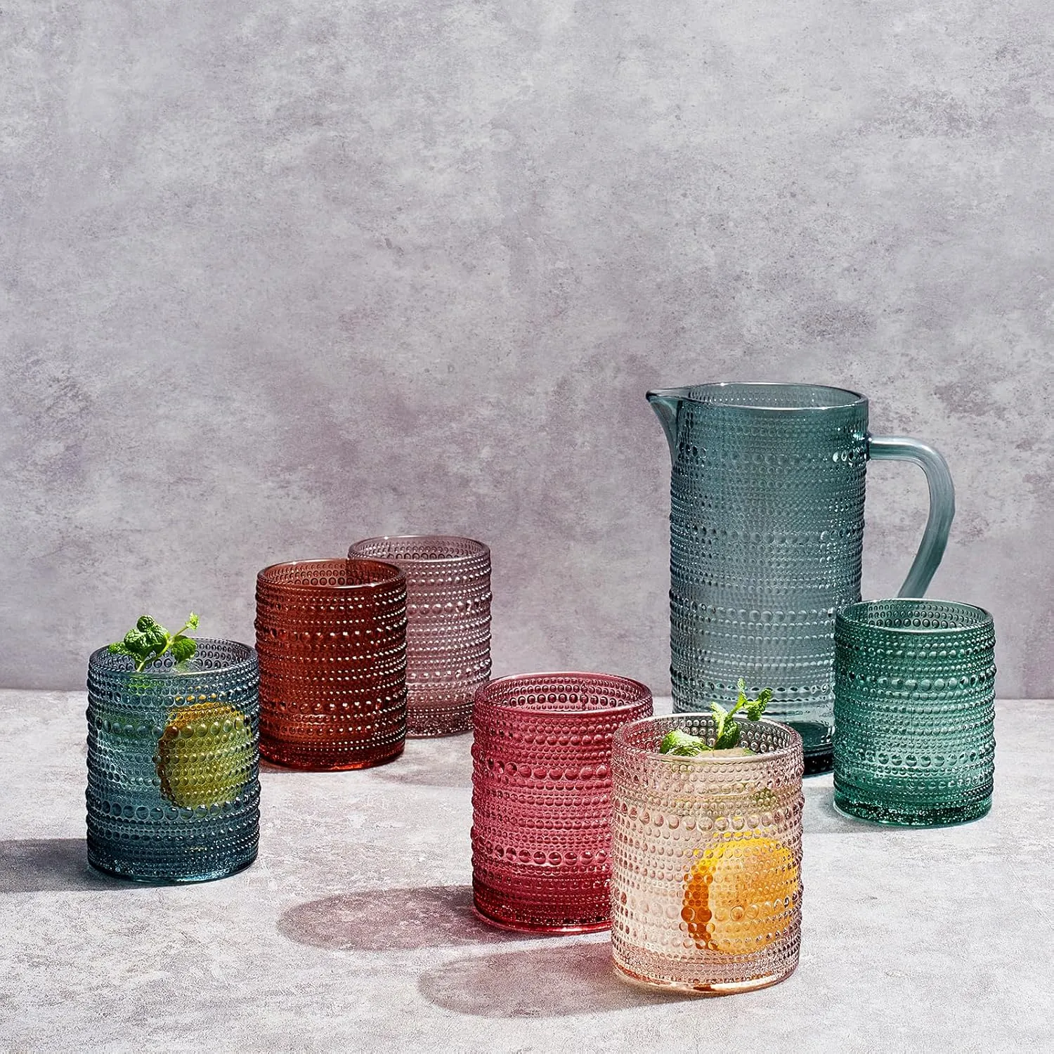 Khen Hobnail Beaded Pitcher & Tumbler Glasses Set | Set of 6 Glasses & Carafe| Vintage 11 OZ Lowball & 2.4 Litter Glass Muted Bubble Design, Old-Fashioned, Embossed Design - Water, Wine, Cocktail