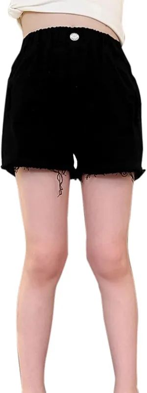 Kids Girl High Waist Tightness Denim Shorts 𝐑aw Edges 𝗛em Mid Thigh Short Jeans Casual Shorts with Pockets