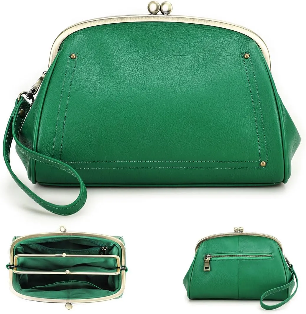 Kiss Lock Clutch Bag Womens Genuine Leather Evening Bag Kiss Clasp Wrist Wallet Vintage Handbag