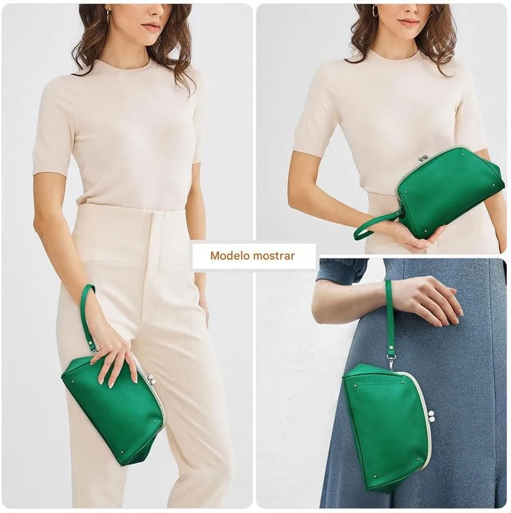 Kiss Lock Clutch Bag Womens Genuine Leather Evening Bag Kiss Clasp Wrist Wallet Vintage Handbag