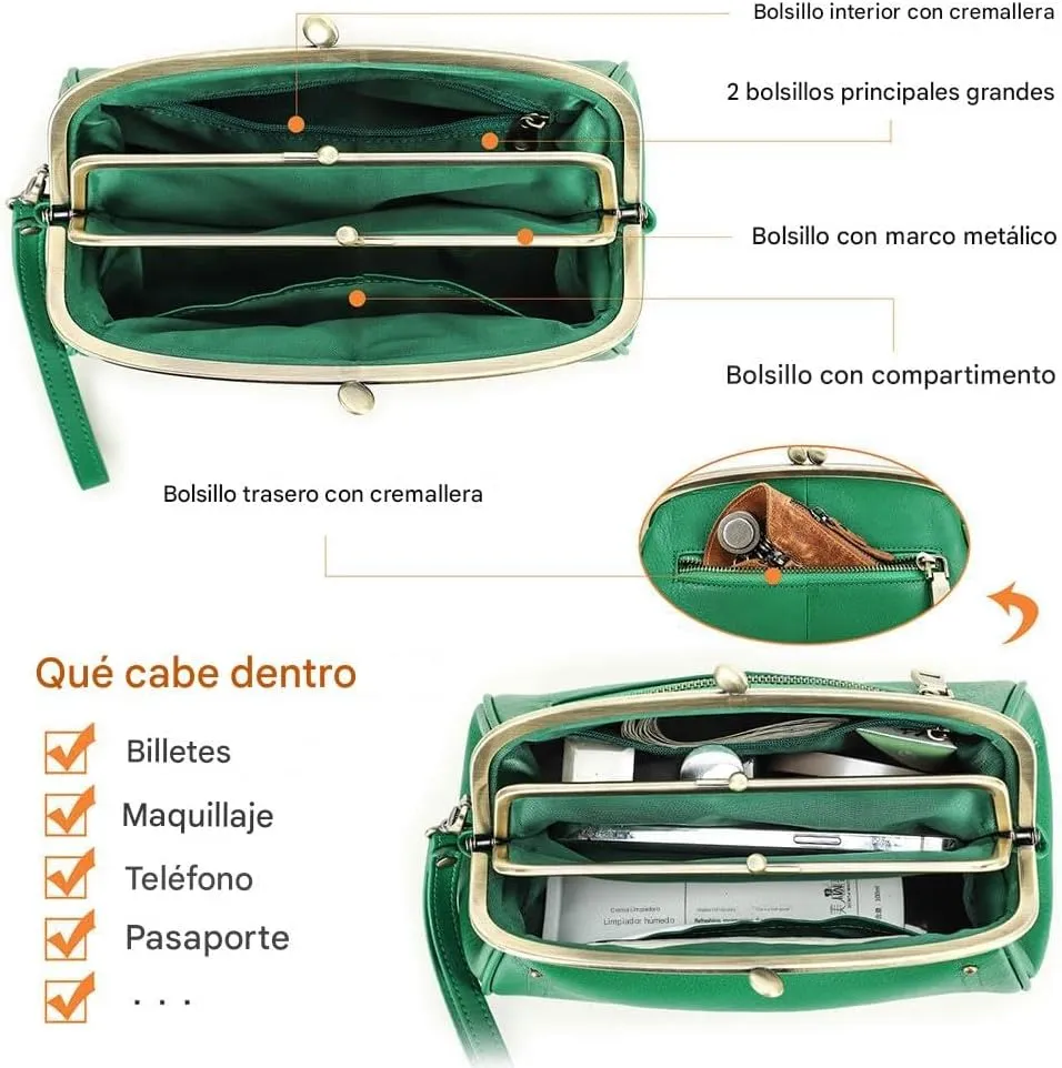 Kiss Lock Clutch Bag Womens Genuine Leather Evening Bag Kiss Clasp Wrist Wallet Vintage Handbag