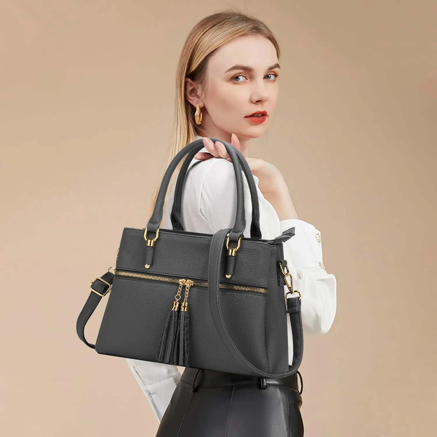 KKXIU Women Satchel Bags Handle Shoulder Handbags and Purses Pockets Zipper Leather Crossbody Bags