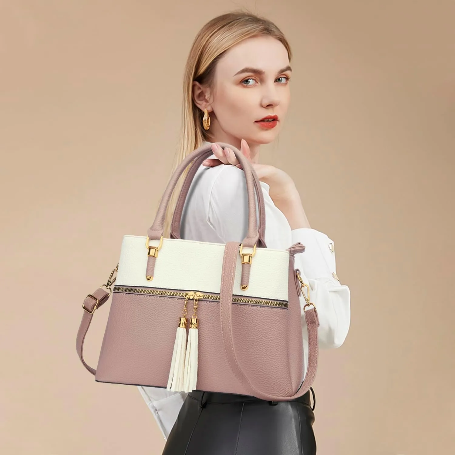 KKXIU Women Satchel Bags Handle Shoulder Handbags and Purses Pockets Zipper Leather Crossbody Bags