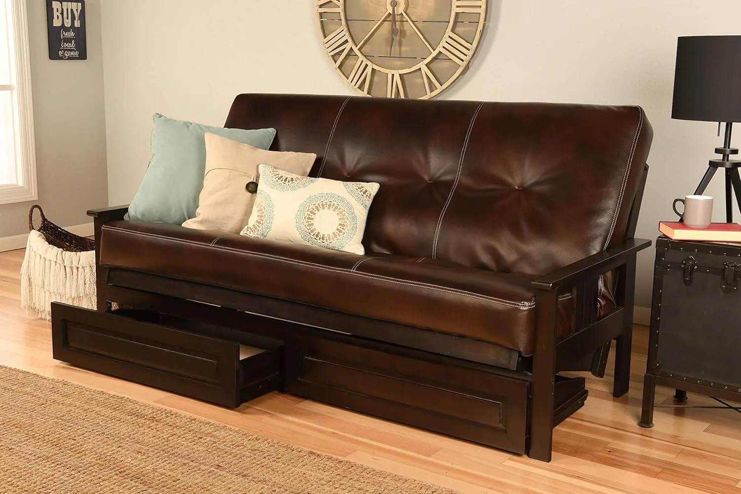 Kodiak Furniture Monterey Futon Set with Storage Drawers, with Espresso Base and Oregon Trail Java Mattress