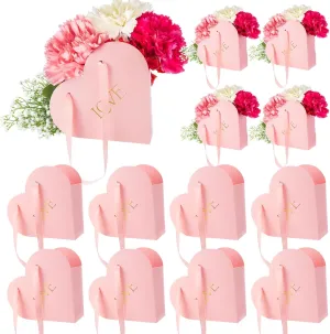 Kolldenn 12 Pcs Heart Shaped Flowers Boxes Wedding Bouquet Storage Bucket Mothers' Day Floral Boxes for Arrangements Paper Floral Bag with Handle Basket Handbag for Florist Bridal Shower(Pink)