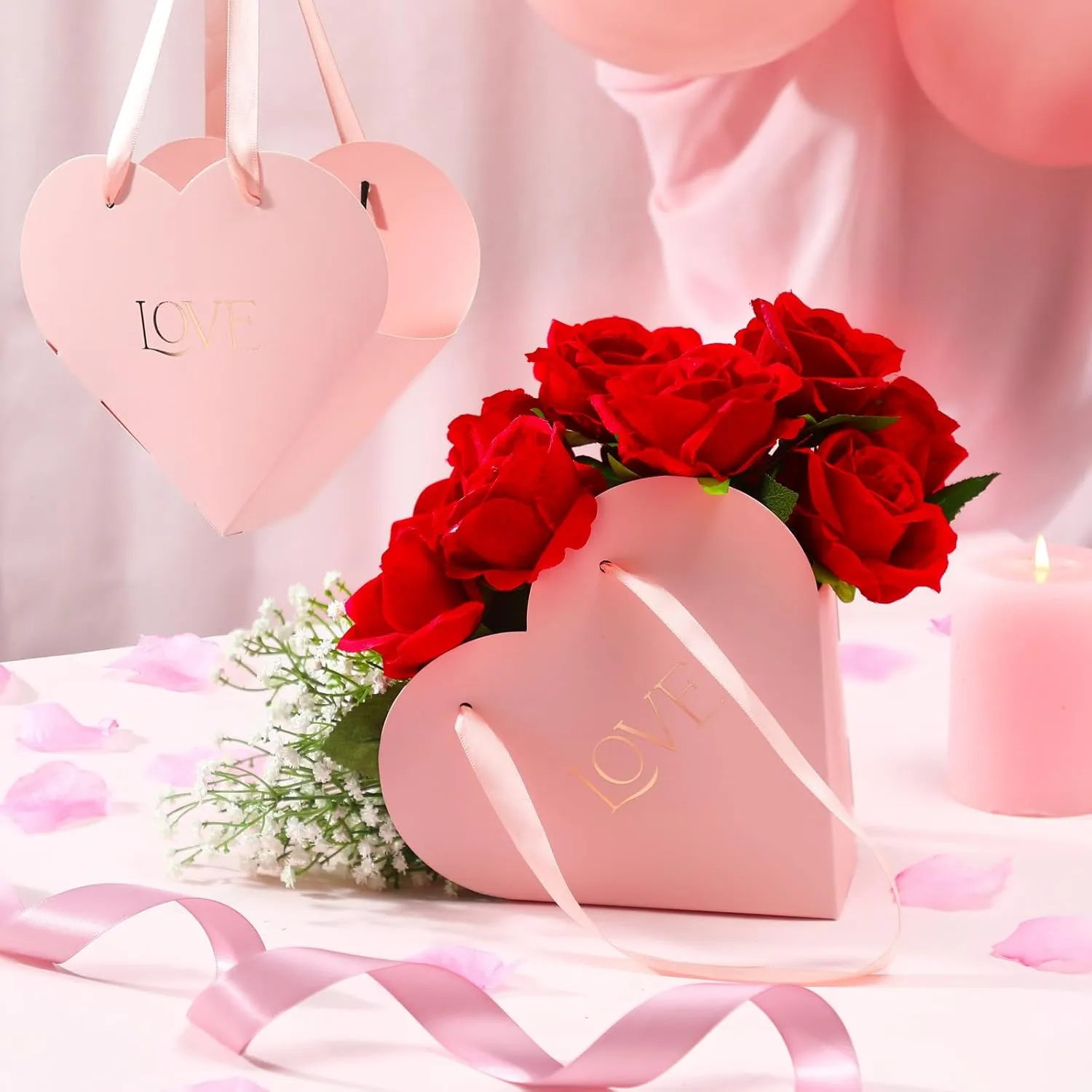 Kolldenn 12 Pcs Heart Shaped Flowers Boxes Wedding Bouquet Storage Bucket Mothers' Day Floral Boxes for Arrangements Paper Floral Bag with Handle Basket Handbag for Florist Bridal Shower(Pink)