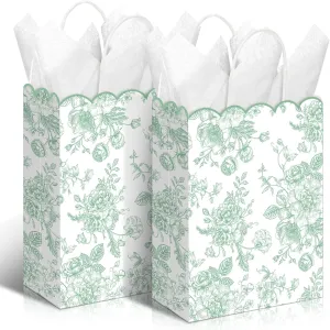Kolldenn 24 Pcs Sage Green Floral Party Favor Bags with Handles Scalloped Wildflower Goodie Candy Gift Treat Bags for Birthday Decoration for Bridal Baby Shower Party Supplie
