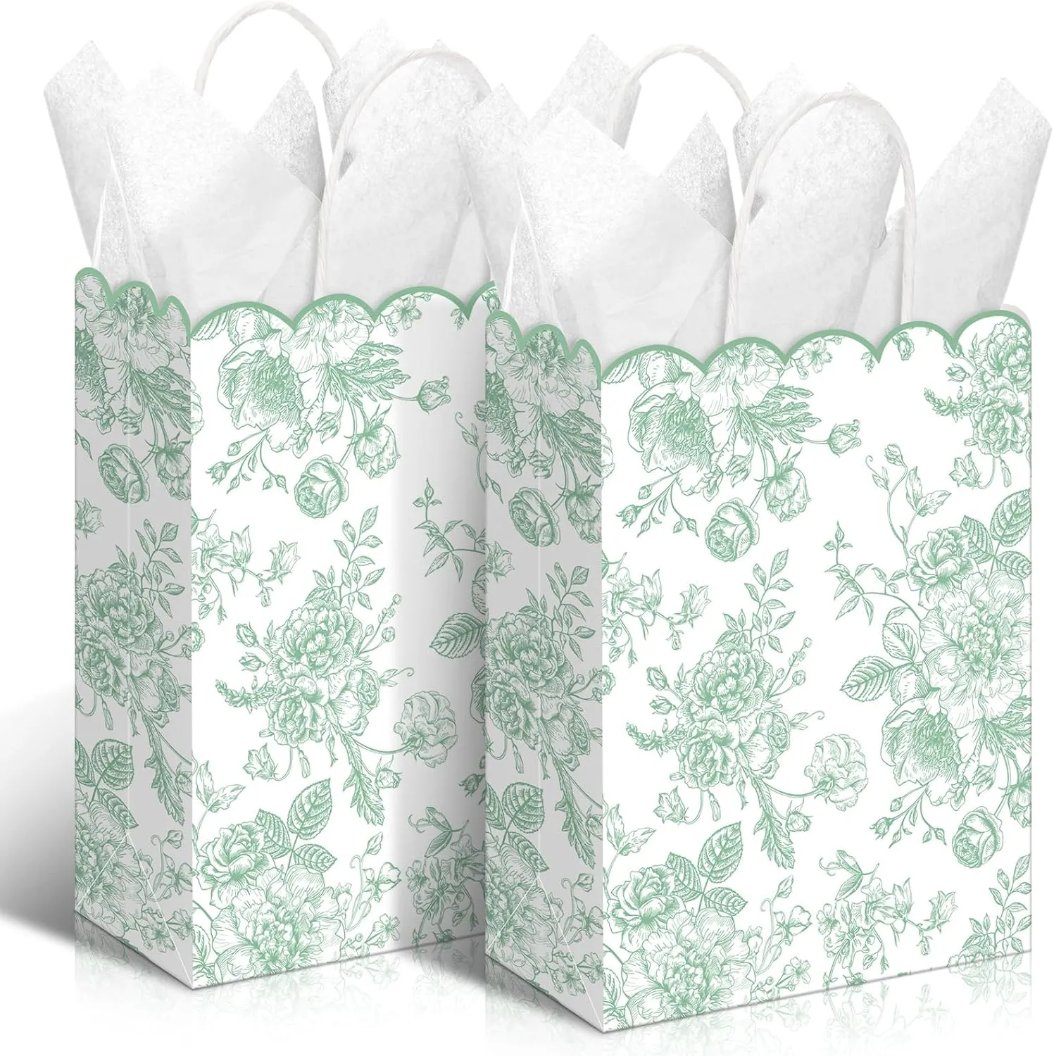 Kolldenn 24 Pcs Sage Green Floral Party Favor Bags with Handles Scalloped Wildflower Goodie Candy Gift Treat Bags for Birthday Decoration for Bridal Baby Shower Party Supplie