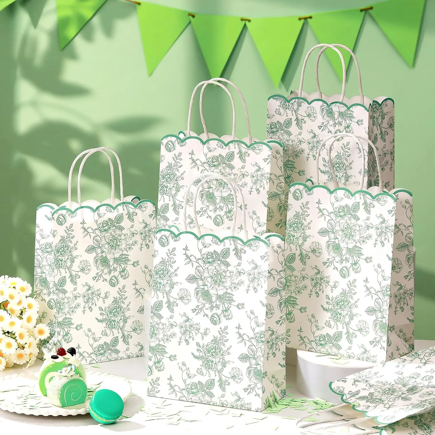 Kolldenn 24 Pcs Sage Green Floral Party Favor Bags with Handles Scalloped Wildflower Goodie Candy Gift Treat Bags for Birthday Decoration for Bridal Baby Shower Party Supplie