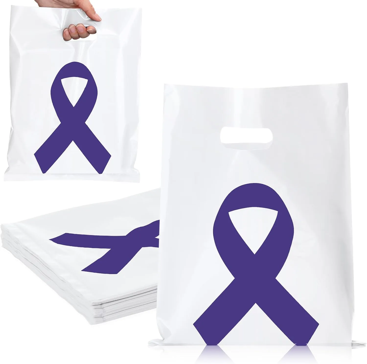 Kolldenn 50 Pcs Purple Ribbon Cancer Awareness Bags Pancreatic Cancer Alzheimer Awareness Product Gift Bags with Handle Domestic Violence Epilepsy Lupus Animal Abuse Supplies for Fundraiser Event