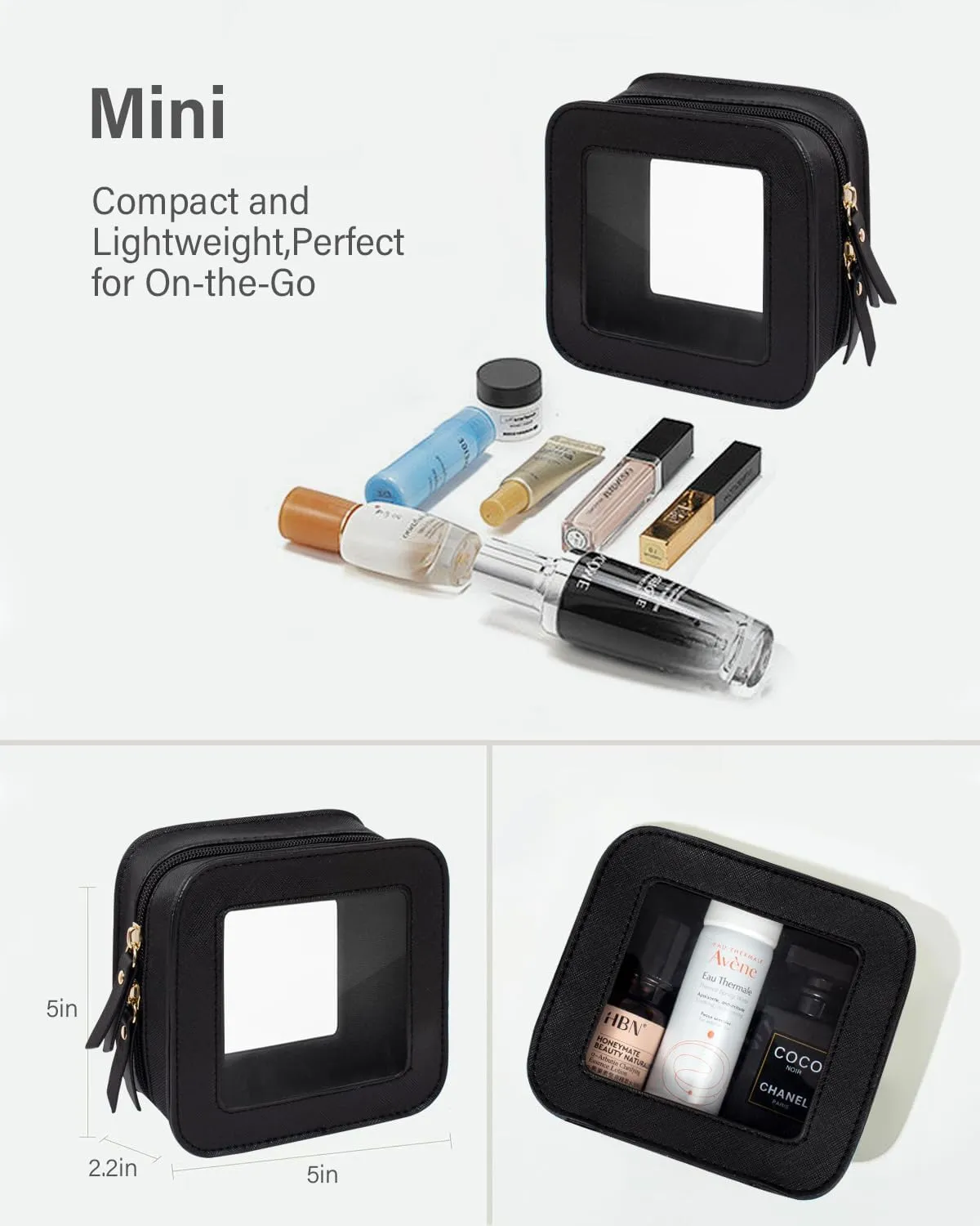 KOTORA Clear Makeup Bag Set for Women Portable Clear Make up Bag Cute Waterproof Travel Cosmetic Bag Toiletry Bag for Car Essentials Bag (Black)