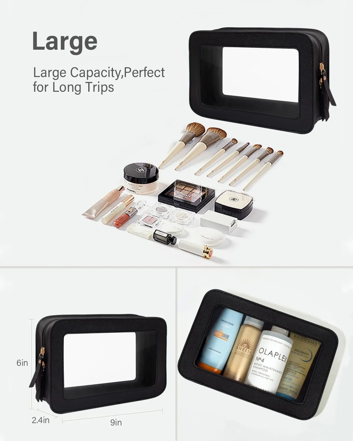 KOTORA Clear Makeup Bag Set for Women Portable Clear Make up Bag Cute Waterproof Travel Cosmetic Bag Toiletry Bag for Car Essentials Bag (Black)