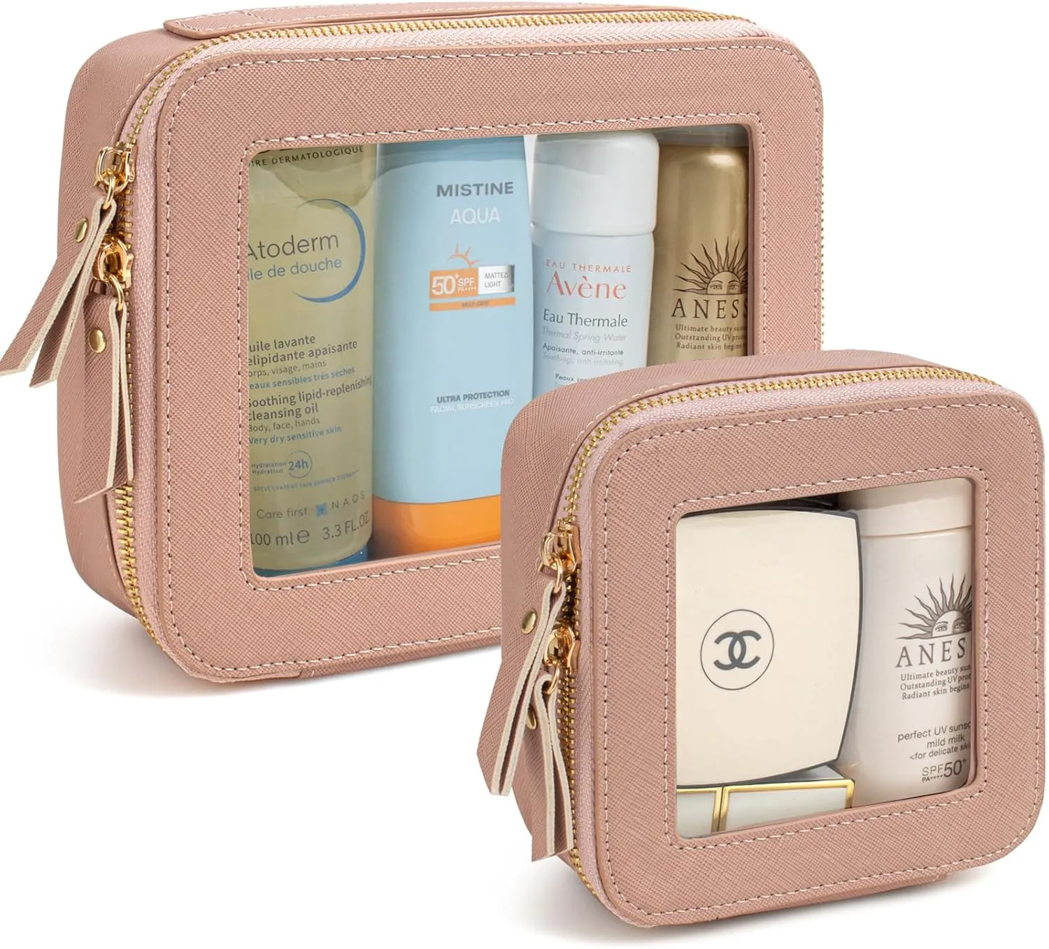 KOTORA Small Makeup Bag for Purse Cute Travel Makeup Bag Clear Cosmetic Bag with Zipper, Car Make Up Bag Organizer Storage Traveling Car Accessories Travel Essentials for Women (Nude Pink)